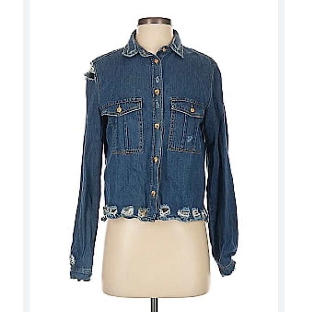 ZARA ripped Denim Button down Long Sleeve Size L - Picture 5 of 6
